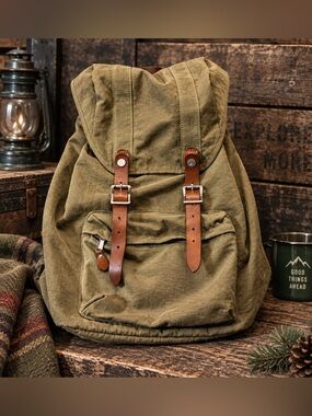 J.Crew Heritage Nylon Leather Backpack Khaki Rucksack Utility Preppy Outdoor
